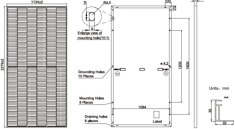 Dimension of 550W half-cell PERC solar module